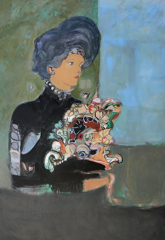 Elégante au bouquet- 50P - huile sur toile